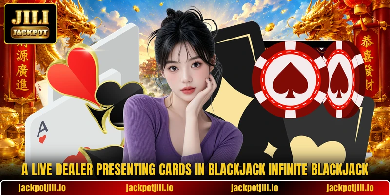 A live dealer presenting cards in blackjack infinite blackjack