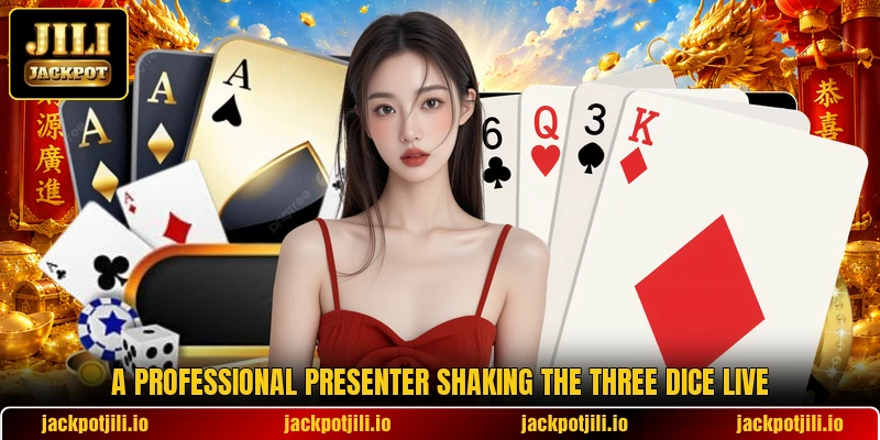 A professional presenter shaking the three dice live