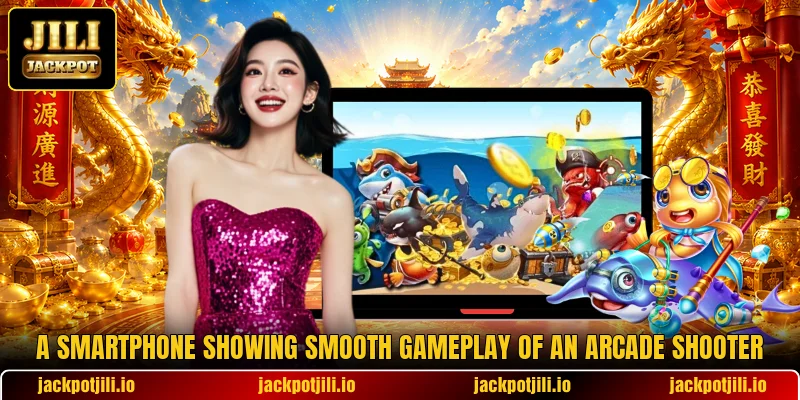 A smartphone showing smooth gameplay of an arcade shooter