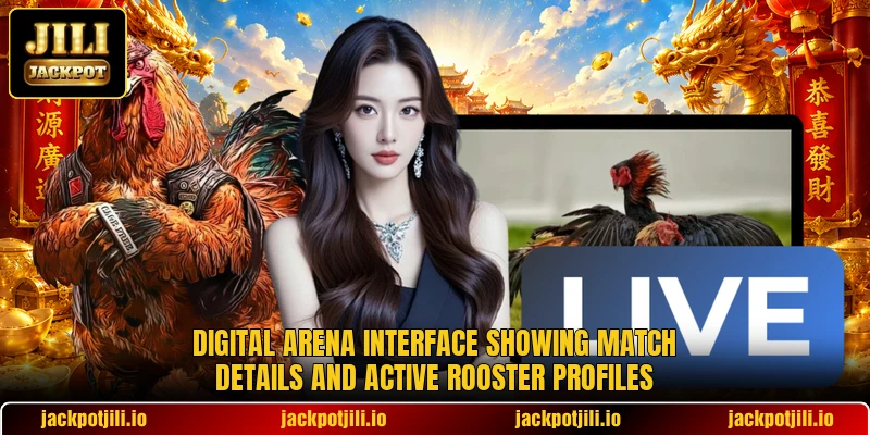Digital arena interface showing match details and active rooster profiles