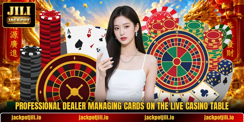Professional dealer managing cards on the live casino table