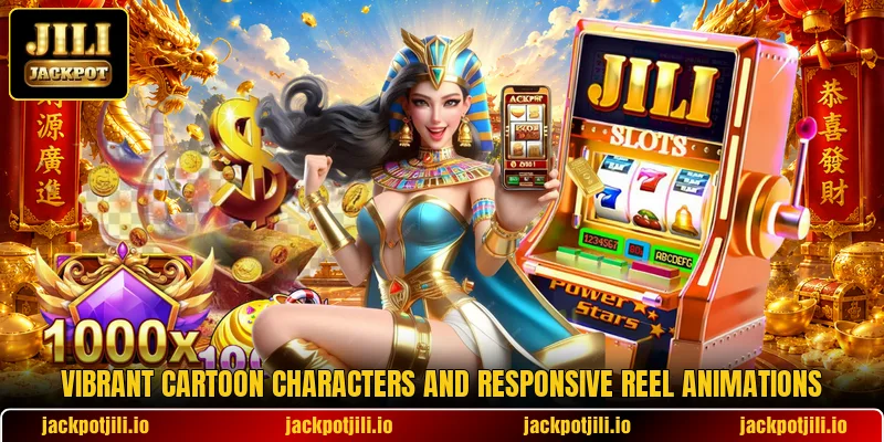 Vibrant cartoon characters and responsive reel animations